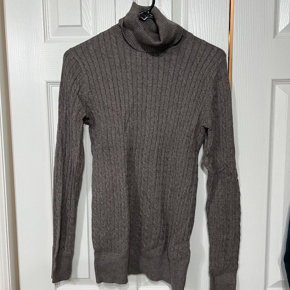 Eddie Bauer Wm M Turtle Neck Cotton Blend Cable Knit Sweater Taupe Gray Casual